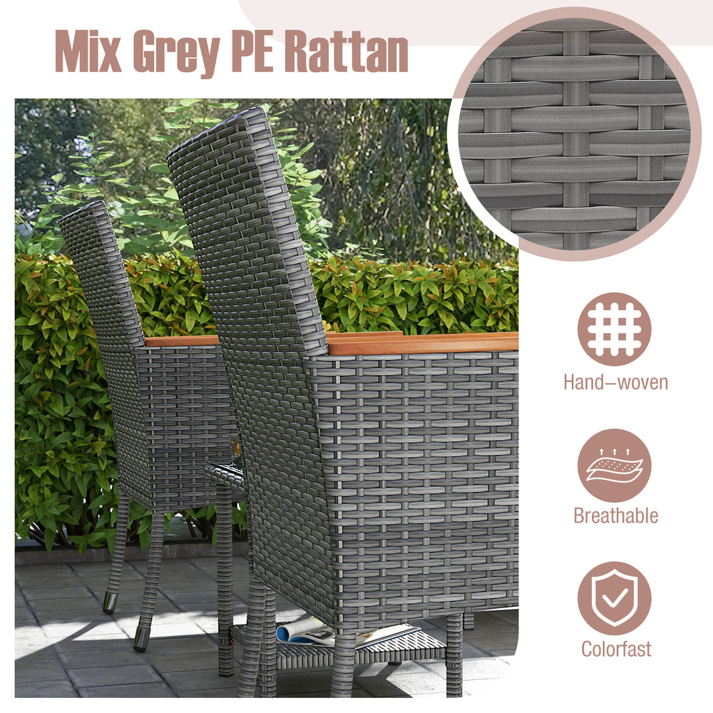 Hand-woven mix grey PE rattan armchair with acacia wood armrests and soft cushions, perfect for outdoor patio use.