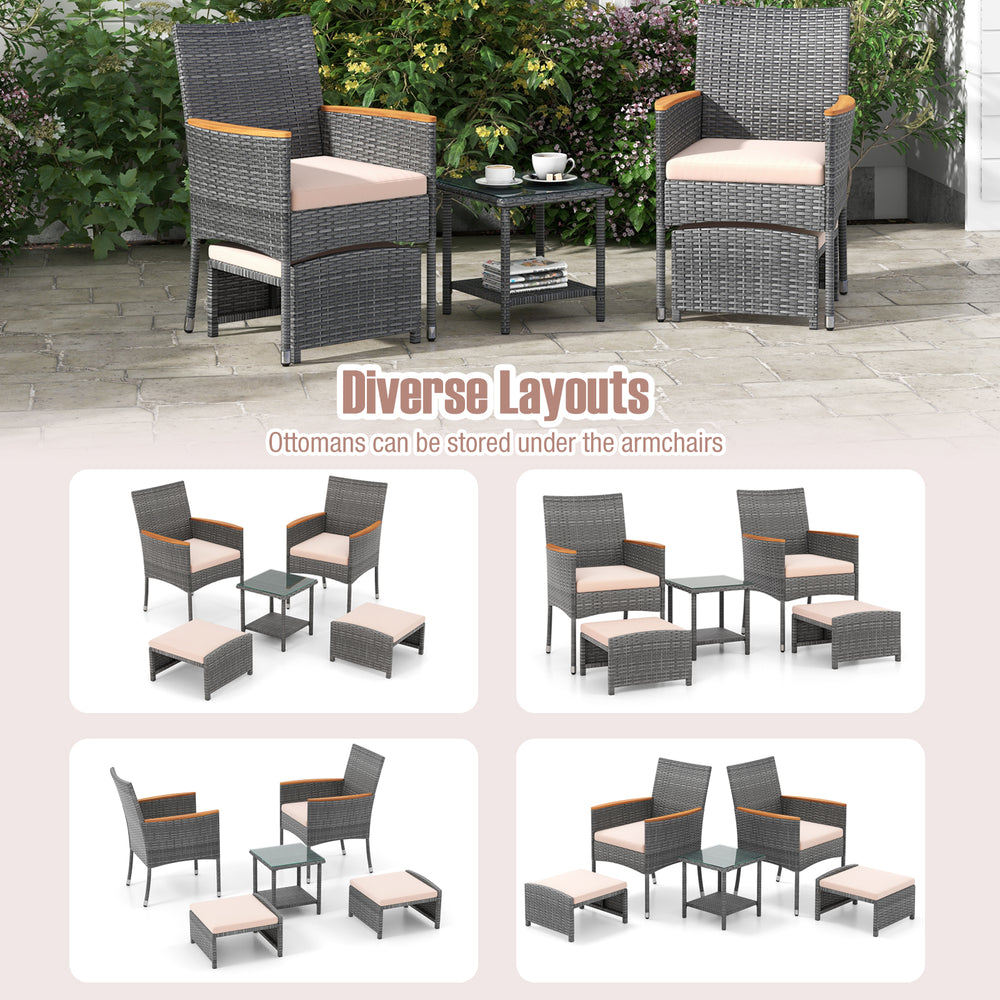 5-piece patio conversation set featuring grey PE rattan chairs, soft beige cushions, and versatile ottomans for outdoor.