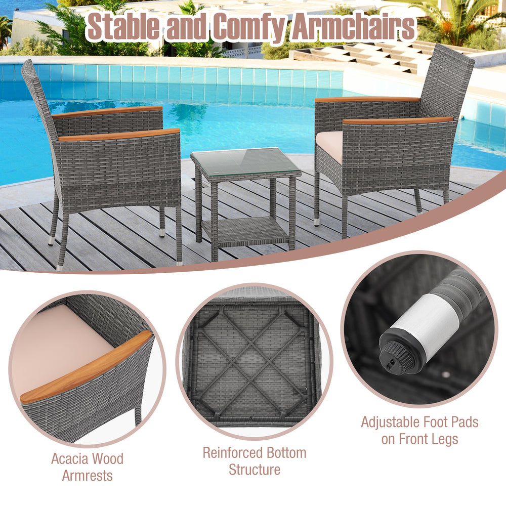 Patio conversation set featuring stable armchairs with acacia wood armrests and soft cushions, perfect for outdoor.