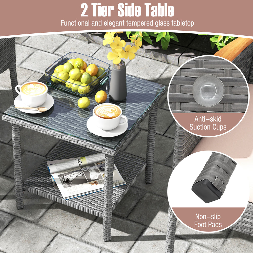 Two-tier side table with tempered glass top and anti-skid suction cups, perfect for outdoor patio use.