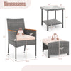 Dimensions of the 5-piece patio conversation set, featuring a chair and side table with soft cushions and PE rattan.