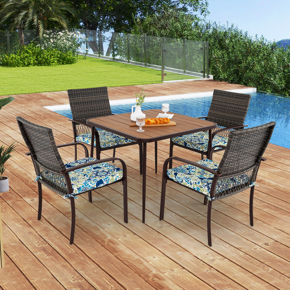 5-piece patio dining set featuring 4 cushioned rattan armchairs and a 35" square table, perfect for outdoor dining.