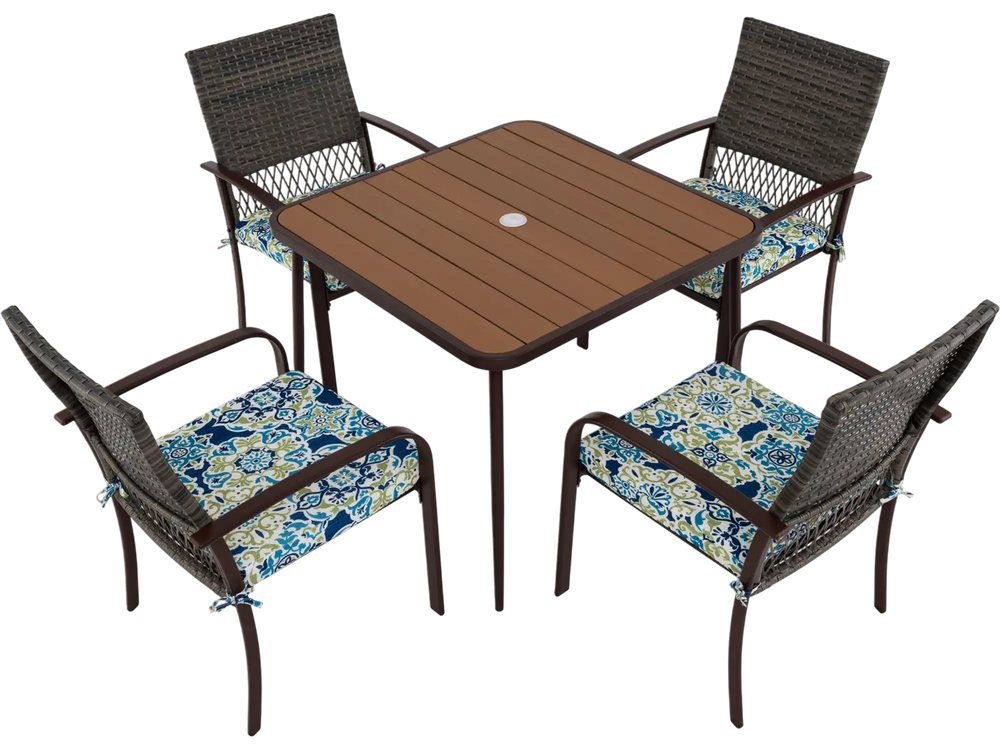 5 Pieces Patio Dining Set 4 Cushioned Rattan Armchairs and Square Table