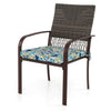 Cushioned rattan armchair with breathable backrest and curved armrests, perfect for outdoor dining and relaxation.
