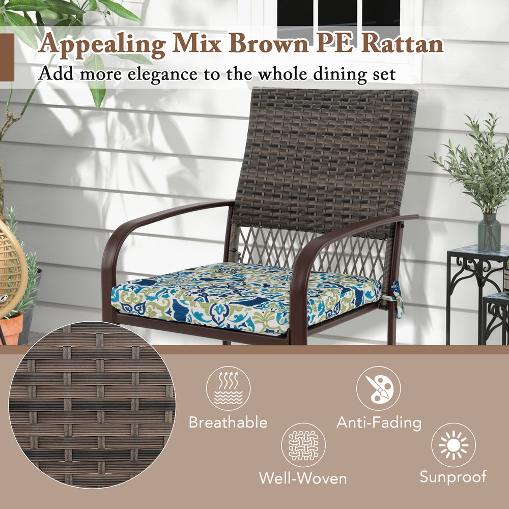 Cushioned rattan armchair with breathable mix brown PE rattan, perfect for outdoor dining and relaxation.