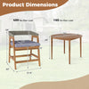 Dimensions of the 5-piece patio dining set featuring acacia wood, PE rattan backrest, and soft cushions for outdoor.