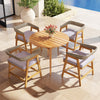 5-piece patio dining set featuring acacia wood table and cushioned chairs with PE rattan backrests for garden use.