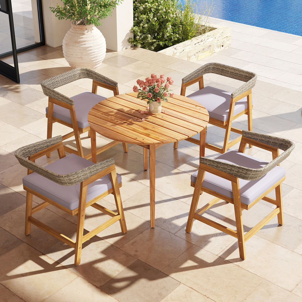 5-piece patio dining set featuring acacia wood table and cushioned chairs with PE rattan backrests for garden use.