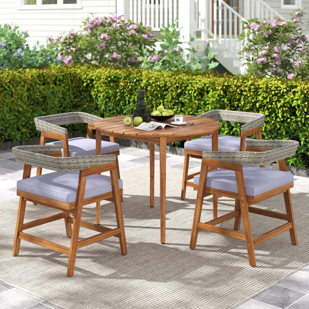 5-piece patio dining set featuring acacia wood, PE rattan backrests, and soft cushions for garden and backyard use.