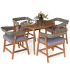 5-piece patio dining set featuring acacia wood table and PE rattan backrest chairs with soft cushions for garden use.