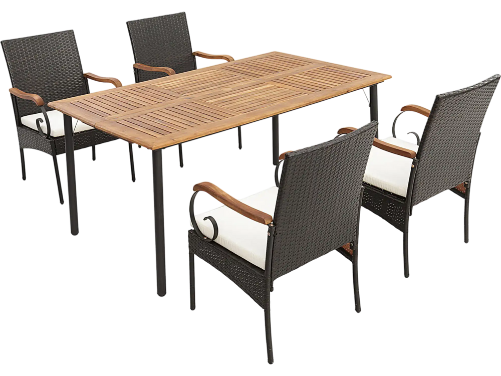 5 Pieces Patio Wicker Dining Set with Detachable Cushion and Umbrella Hole