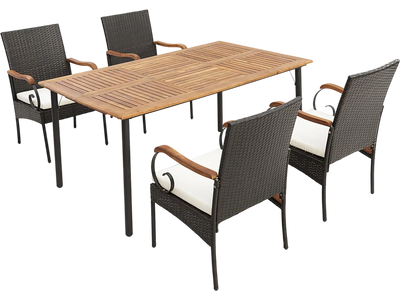 Costway 5-Pc Patio Wicker Dining Set w/ Detachable Cushions & Umbrella Hole 93172468 New
