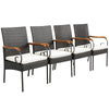 Four patio dining chairs made of hand-woven PE rattan with soft cushions and ergonomic armrests for comfortable seating.