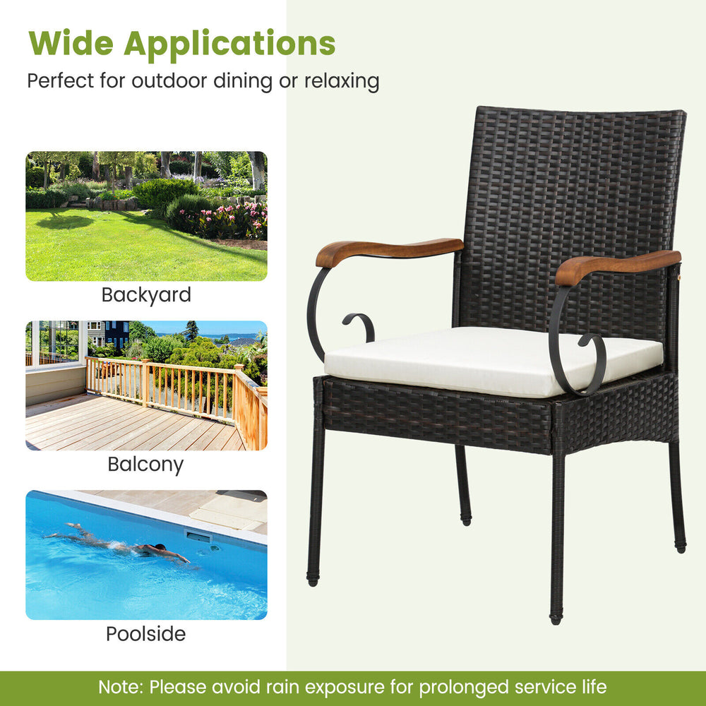 Patio wicker dining chair with detachable cushion, ergonomic armrests, and PE rattan for outdoor dining or relaxing.