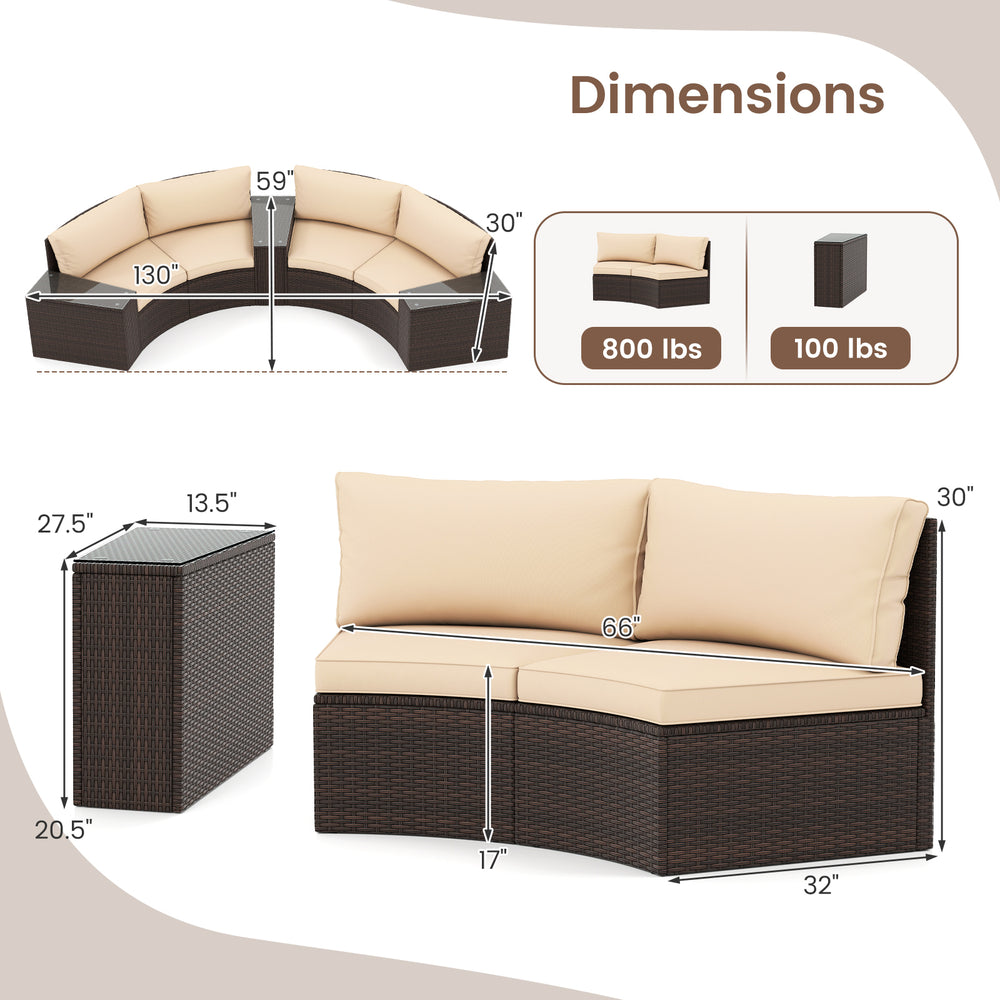 Curved loveseat sofa and side table dimensions for 5 Pieces Patio Furniture Set in durable PE rattan, ideal for outdoor.