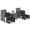 5-piece patio furniture set featuring two lounge chairs, two ottomans, and a glass-top table for compact outdoor spaces.