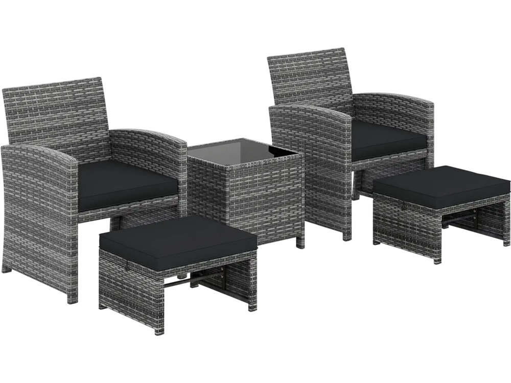 5-piece patio furniture set featuring two lounge chairs, two ottomans, and a glass-top table, ideal for compact outdoor.