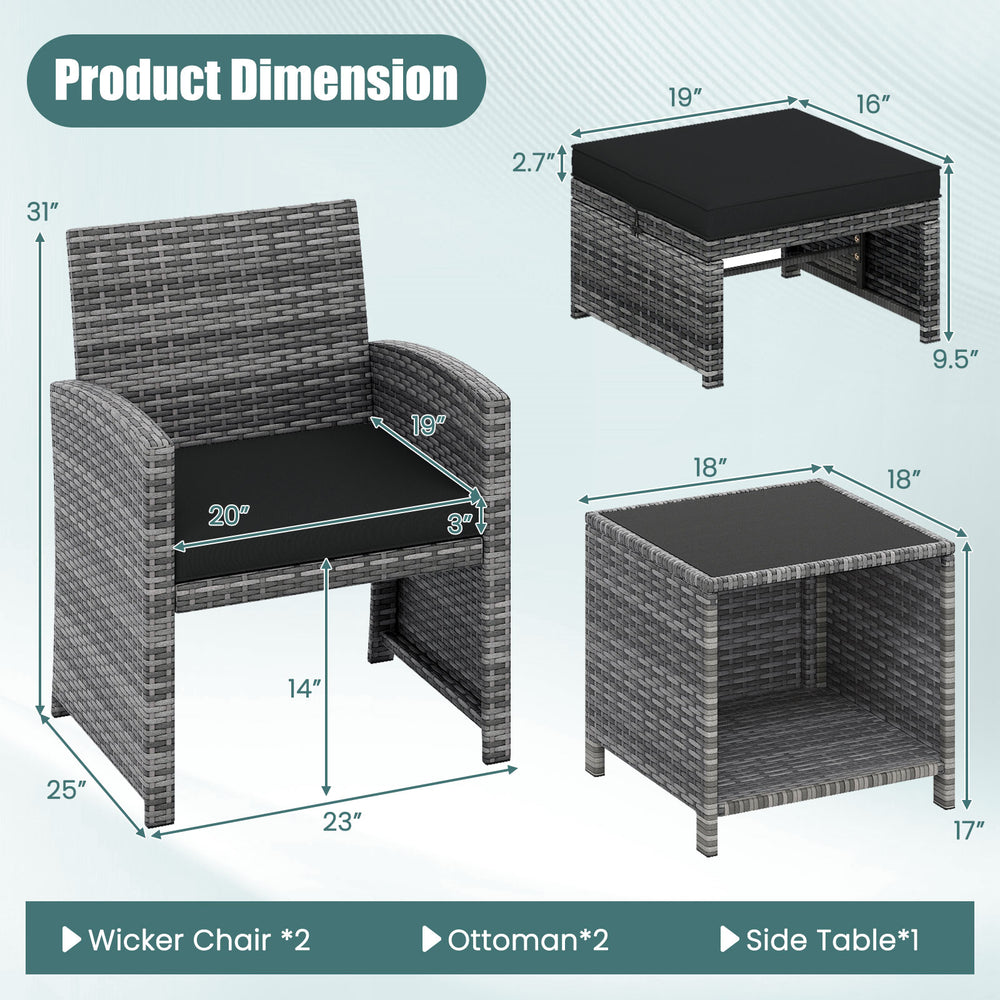 Wicker chair and side table from the 5-piece patio furniture set, featuring soft cushions and a tempered glass top.