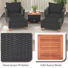 Patio furniture set featuring hand-woven PE rattan chairs and solid acacia wood side table, perfect for outdoor relaxation.