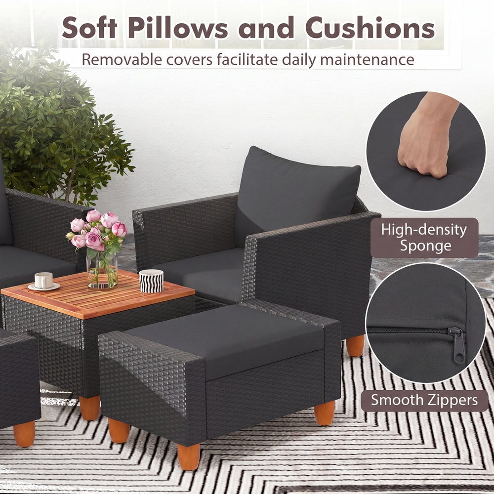 Patio furniture set featuring black hand-woven PE rattan, soft cushions, and a practical side table with storage.