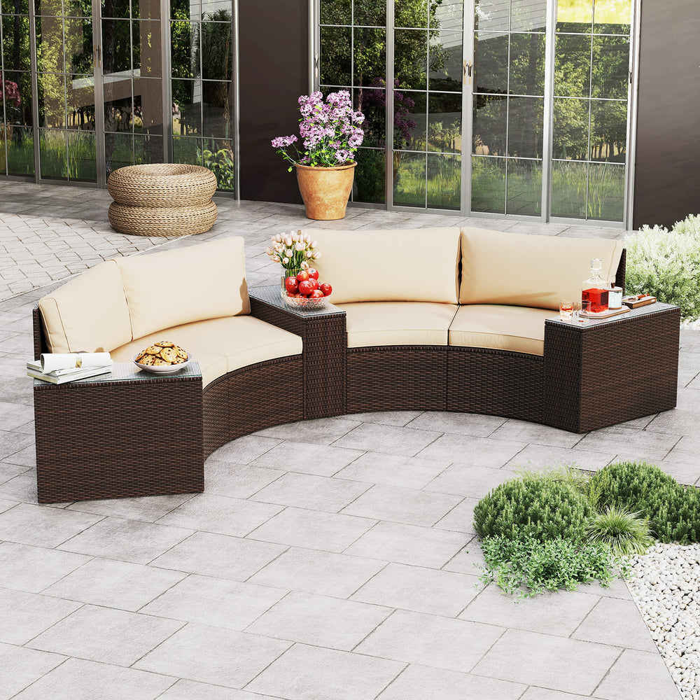 Curved 5-piece patio furniture set in brown PE rattan with beige cushions, ideal for outdoor relaxation and gatherings.