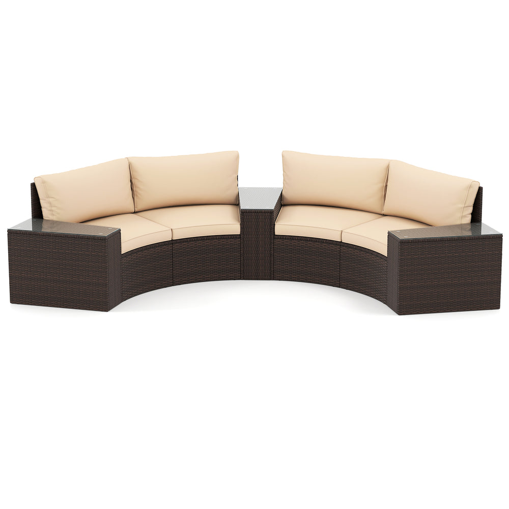 Curved loveseat sofas with beige cushions and PE rattan, perfect for outdoor patio or backyard relaxation.