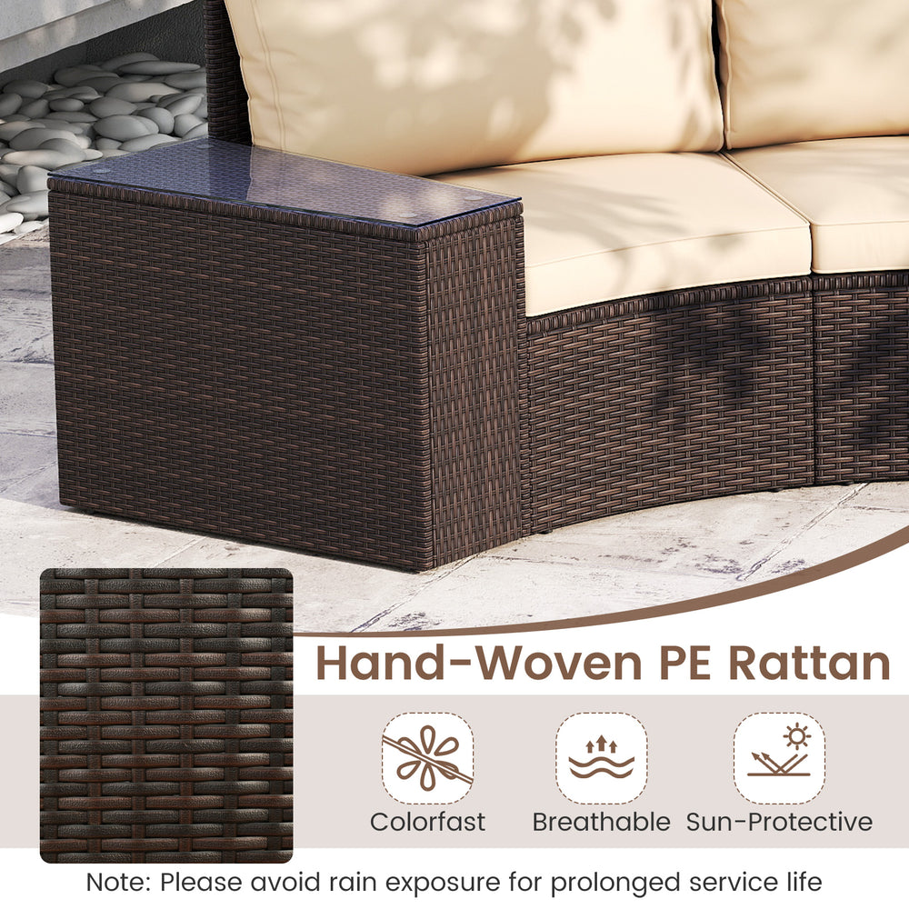 Curved loveseat sofa with hand-woven PE rattan and tempered glass top, perfect for outdoor patio relaxation.