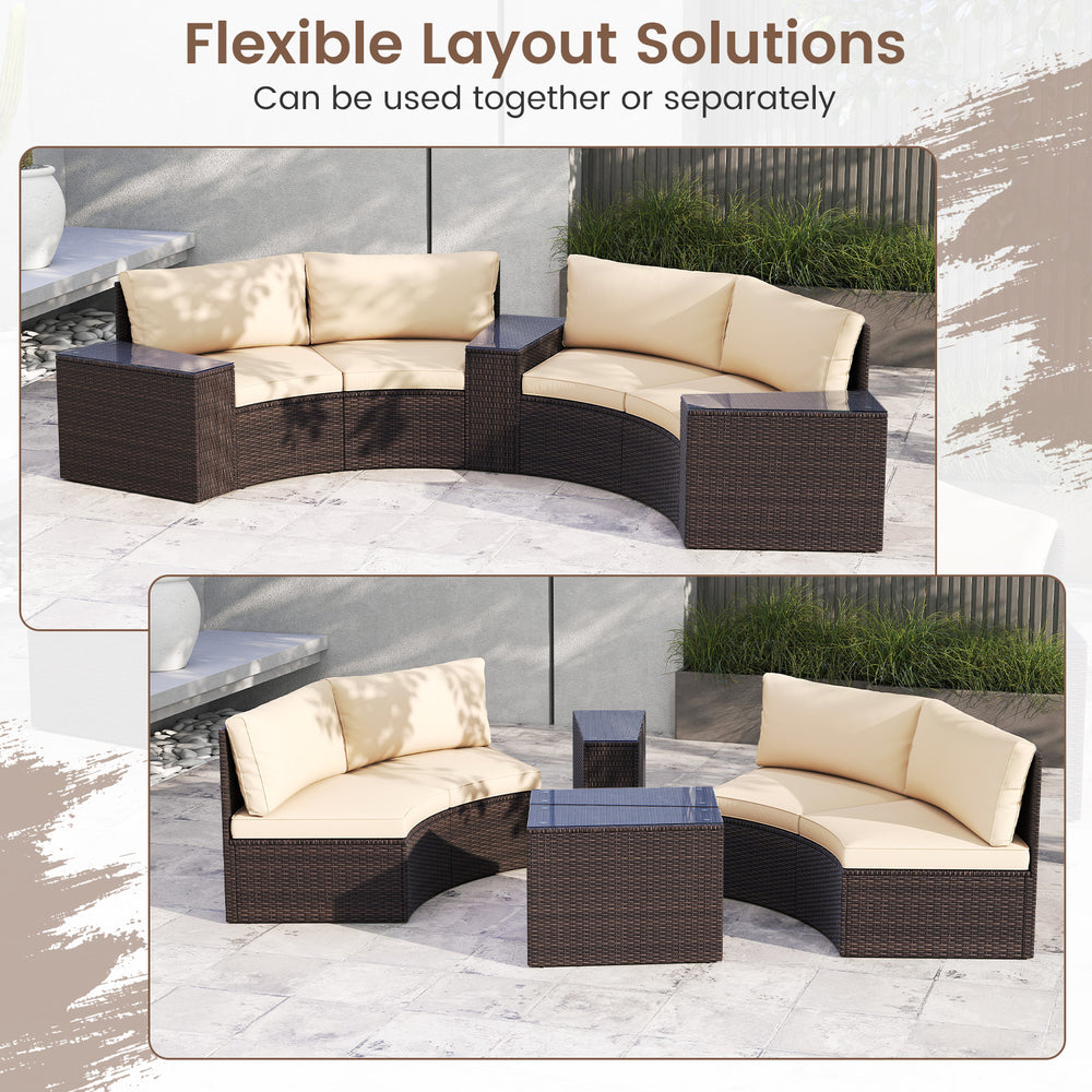 Curved loveseat sofas and side tables in a 5-piece patio furniture set for flexible outdoor layouts.