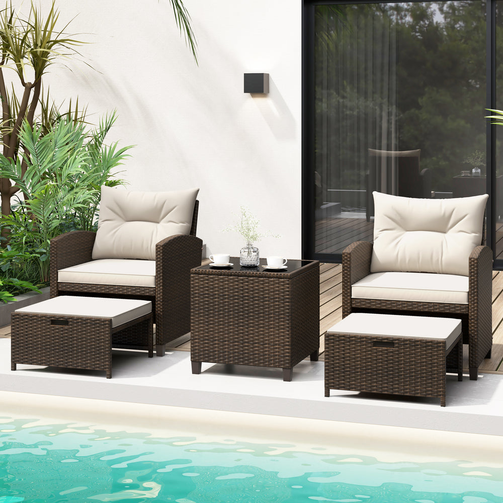 5 Pieces Patio Rattan Furniture with 2 Ottomans and Tempered Glass Coffee Table-Off White - Gallery View 1 of 13