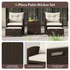 5-piece patio wicker set featuring brown PE rattan, off-white cushions, and a tempered glass coffee table for outdoor.