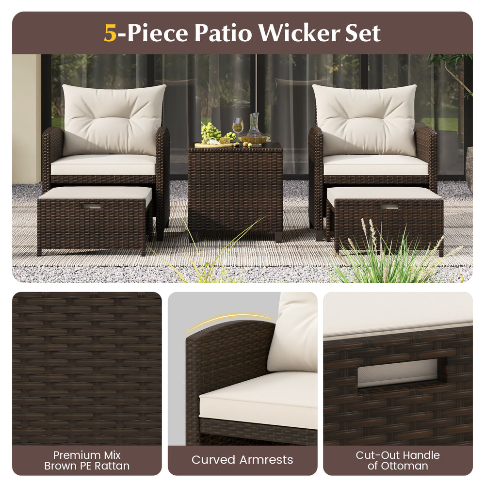 5-piece patio wicker set featuring brown PE rattan, off-white cushions, and a tempered glass coffee table for outdoor.