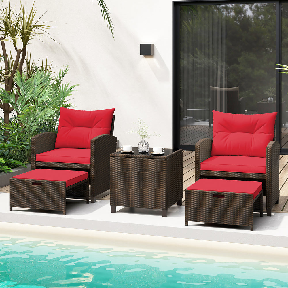 5 Pieces Patio Rattan Furniture with 2 Ottomans and Tempered Glass Coffee Table-Red - Gallery View 1 of 13