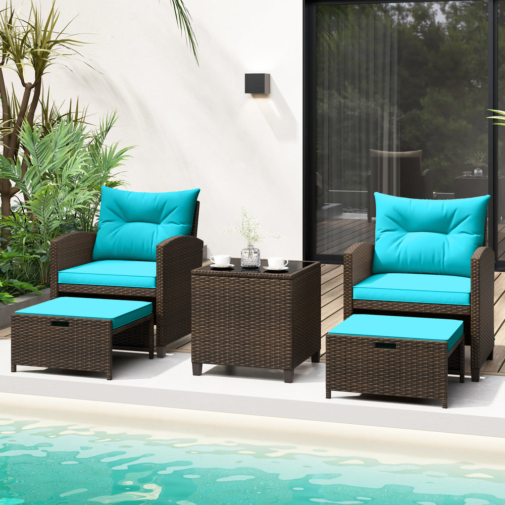 5 Pieces Patio Rattan Furniture with 2 Ottomans and Tempered Glass Coffee Table-Turquoise - Gallery View 1 of 12