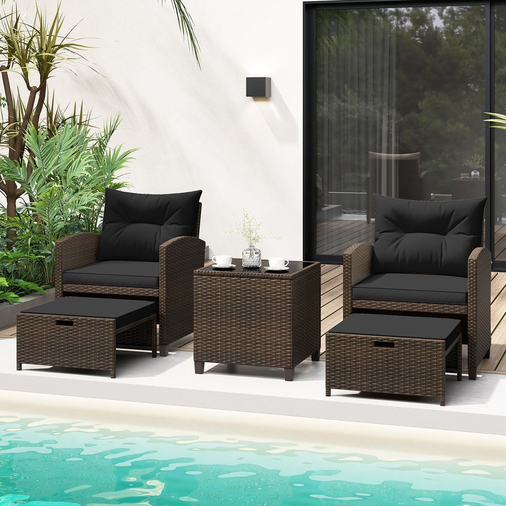 5 Pieces Patio Rattan Furniture with 2 Ottomans and Tempered Glass Coffee Table-Black - Gallery View 1 of 13
