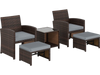5-piece patio rattan furniture set featuring gray cushions, a tempered glass coffee table, and versatile ottomans for outdoor use.