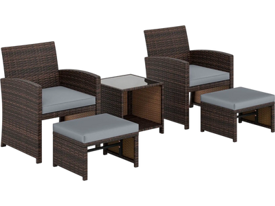 Costway 5-Pc Patio Rattan Furniture Set Ottoman Tempered Glass Coffee Table 26495138 New