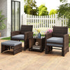 Patio rattan furniture set featuring two chairs, an ottoman, and a tempered glass coffee table for outdoor relaxation.