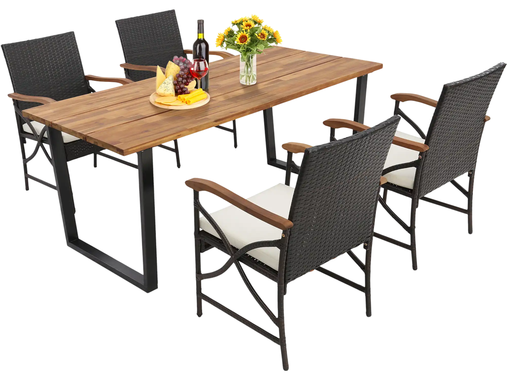 Costway 5-Piece Patio Rattan Dining Set with Acacia Wood Tabletop Armrests 19423657 New