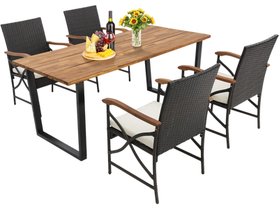 Costway 5-Piece Patio Rattan Dining Set with Acacia Wood Tabletop Armrests 19423657 New