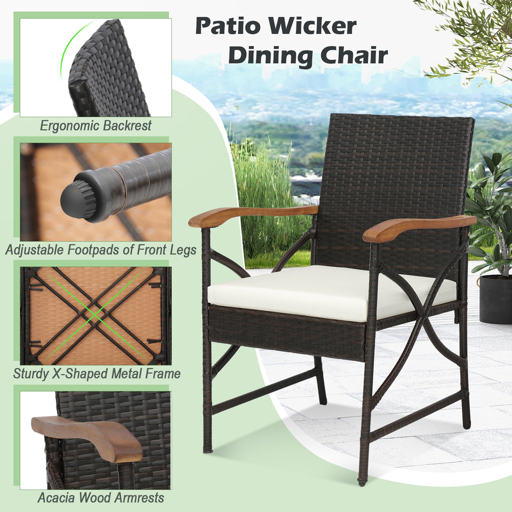 Patio wicker dining chair with acacia wood armrests and ergonomic backrest, ideal for outdoor dining and relaxation.