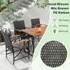 5-piece patio rattan dining set featuring a natural acacia wood tabletop and ergonomic armchairs for backyard.