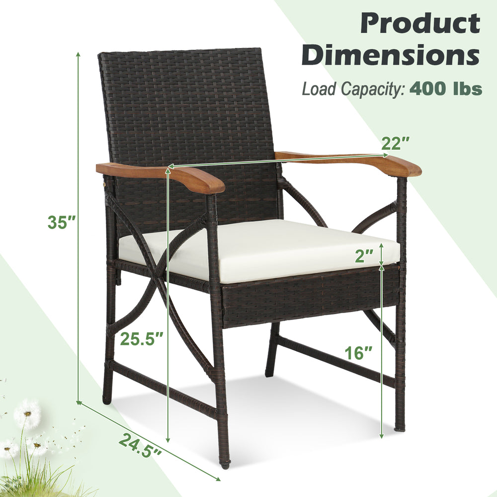 Single patio dining chair with armrests, made of PE rattan and featuring a cushion, ideal for outdoor relaxation.