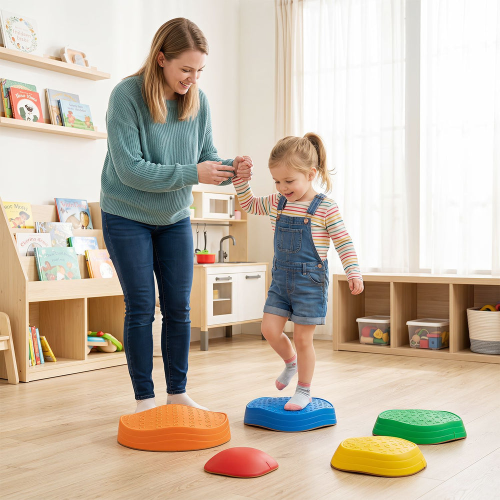 Colorful 5-piece stepping stones with crab designs enhance balance and motor skills for kids during playful activities.