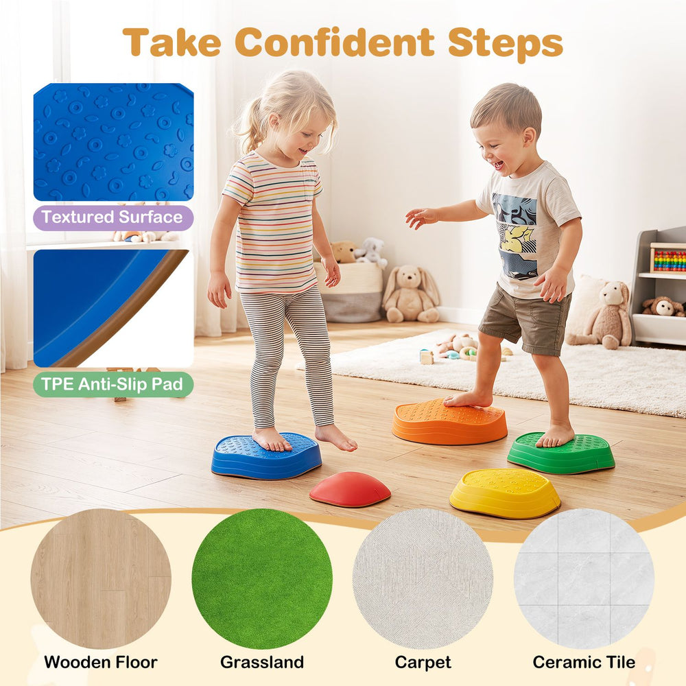 Colorful 5-piece stepping stones with textured surfaces and TPE anti-slip pads for safe indoor and outdoor play.