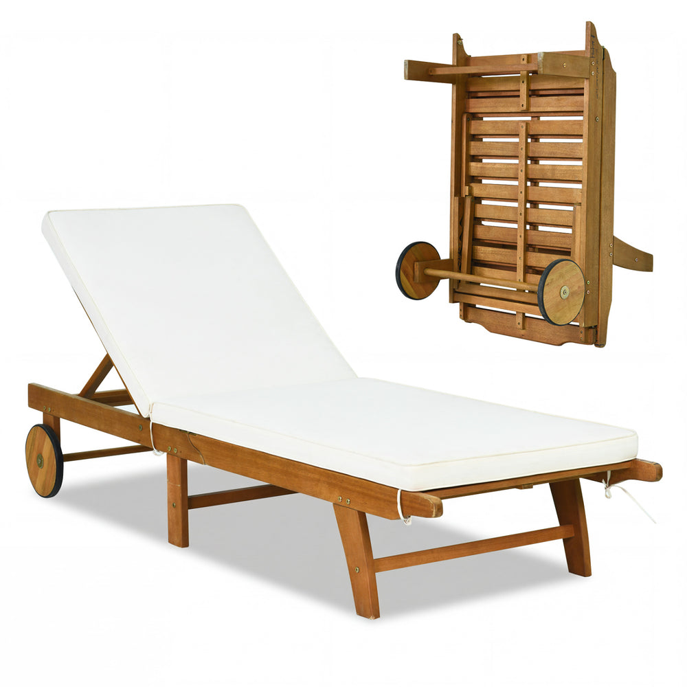 Acacia wood lounge chair with a thick cushion, 5-position backrest, and built-in wheels for easy mobility in outdoor.