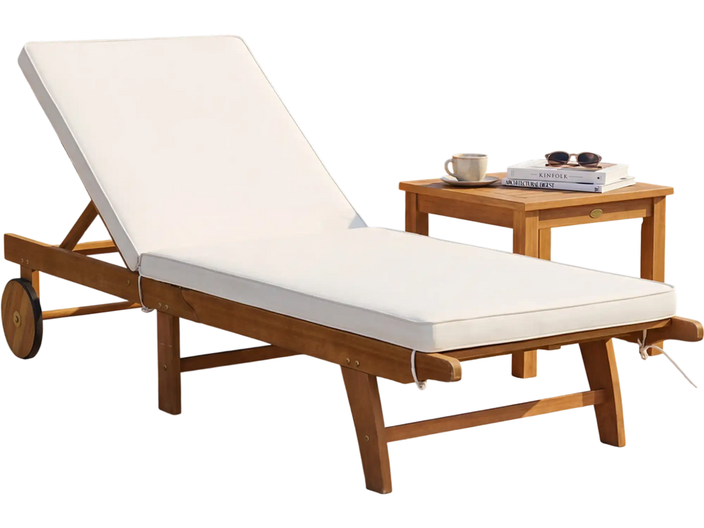 Acacia wood lounge chair chaise recliner with white cushion, 5-position backrest, ideal for patios and gardens.