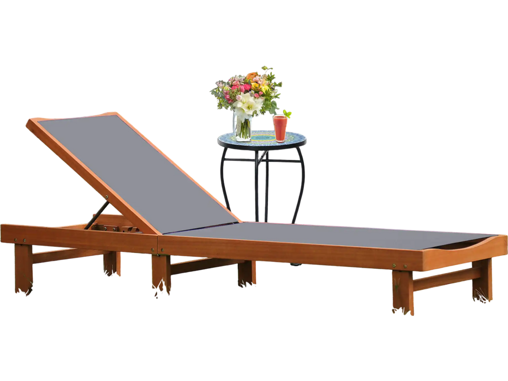 Adjustable outdoor wood chaise lounge chair with breathable fabric, perfect for patio relaxation and sunbathing.
