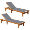 Adjustable outdoor wood chaise lounge chair with gray fabric, perfect for sunbathing and relaxing in the backyard.