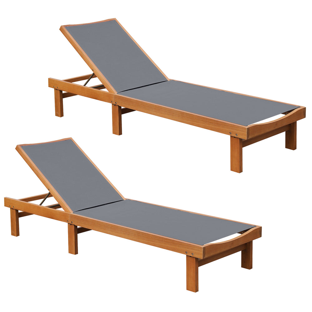 Adjustable outdoor wood chaise lounge chair with gray fabric, perfect for sunbathing and relaxing in the backyard.