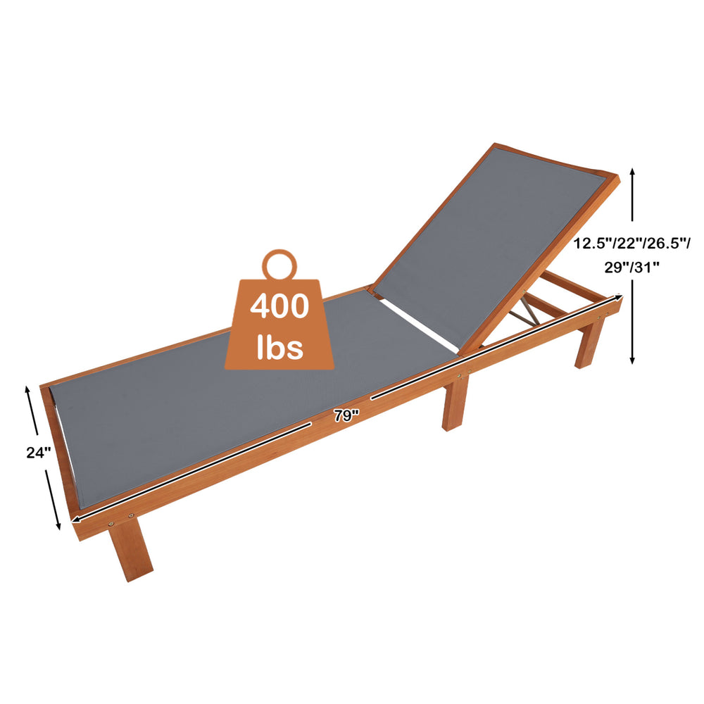 Adjustable outdoor wood chaise lounge chair with breathable fabric, 400 lbs capacity, ideal for patio and poolside.